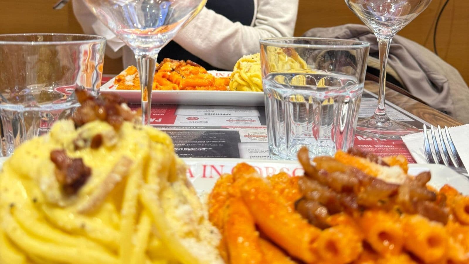 Gluten-free carbonara and amatriciana served on the pasta tour in Rome
